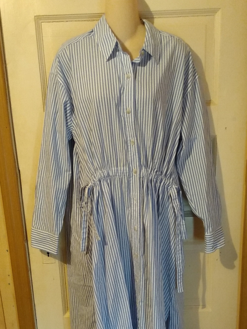 Blue White Striped Cotton Long Shirtdress Natural Fiber Nwt